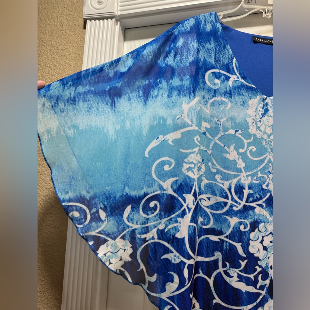 Sara Michelle Blue Ombre Scroll Sheer V-Neck Blouse - Picture 2 of 5